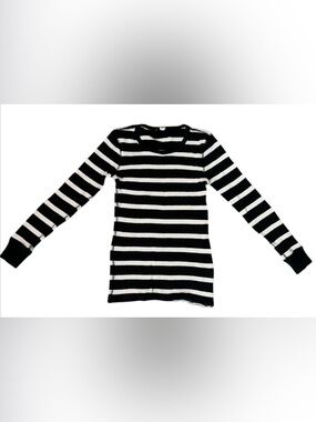 J. Crew Black & White Striped Crewneck Waffle Knit Henley Knit Top Sz S